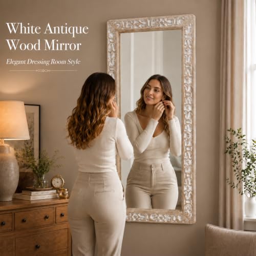 Image of Rustic Solid Wood Wall Mirror, Bathroom Vanity Mirror, Farmhouse Decorative Mirror for Home, Vertical & Horizontal Hanging, Wood Finish 52x20x1.25 inch White Antique