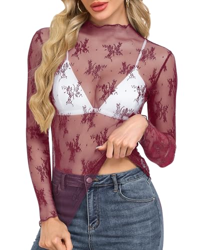 WNEEDU Sexy Blusa Ajustada de Encaje para Mujer Camiseta Manga Larga Blusas Transparente Malla Cuello Alto con Volantes Rojo Vino S