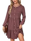 LYANER Women's Casual Long Sleeve Tunic Dress Crew Neck Button Down Elastic High Waist A-Line Tiered Mini Dresses Purplish Red X-Small