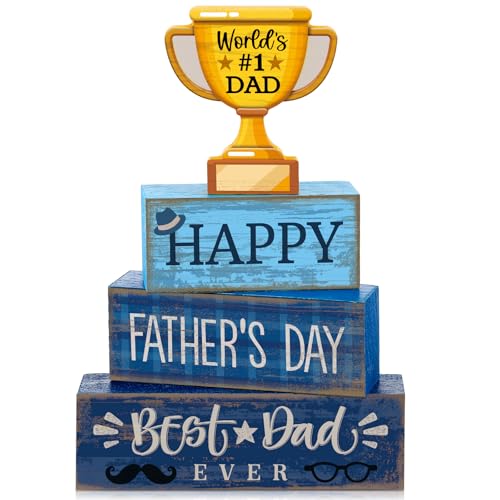Yuntau 4 Pcs Father's Day Decorations Happy Father's Wooden Tabletop Tiered Tray Decor Rustic Best Dad Ever Trophy Wood Block Table Sign Centerpiece for Farmhouse Shelf Fireplace Birthday Party Gift