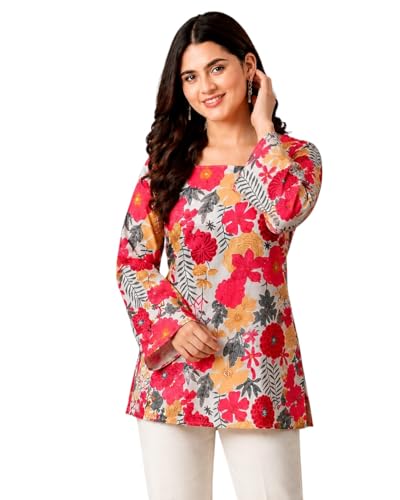 Image of SONISHA Women's Rayon Floral Print Short Kurti for Women Elegance Square Neck, Long Sleeves with Style Criss Cross Back Kurti, Top for Office Wear, Casual, Outdoor