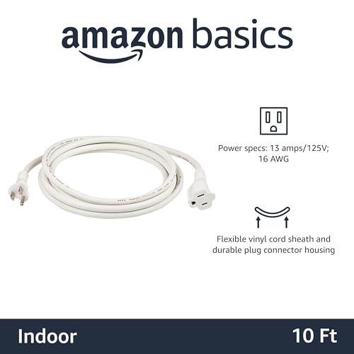 Image of Amazon Basics Indoor Extension Cord, 3 Prong Outlet Extender Power Cord, 13 Amps, 125V, 10 Foot, White, 2-Pack