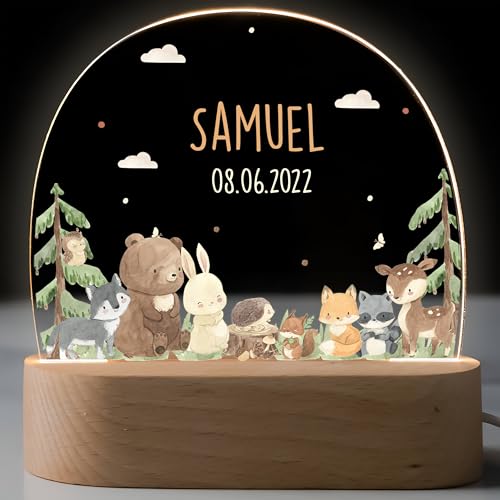 Kidsmood - Veilleuse Enfant Personnalisée avec Prénom, Lampe de Chevet Dimmable avec Motif Animaux, Veilleuse Bébé Personnalisé Idéale comme Cadeau de Naissance Garçon et Fille