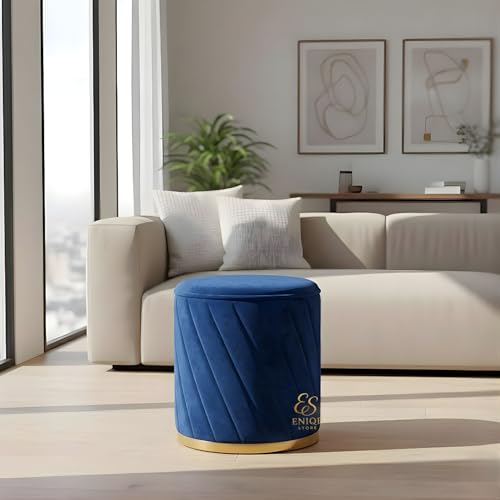 Image of Premium Velvet Ottoman Stool | Modern Round Pouffe with Gold Base | Multipurpose Seating | Living Room & Bedroom Decor (Blue Set of 2)