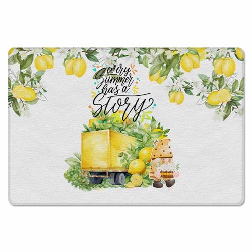 Summer Lemon Antifatigue Kitchen Bath Door Mat Cushioned Runner Rug,Washable Welcome Floor Sink Mat,Waterproof & Non-Slip Standing Doormat for Kitchen,Spring Summer Fruit Gnomes Yellow White 24