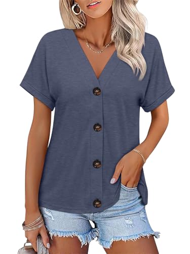 TICTICMISS Womens Summer Tops Short Sleeve Button Down Shirts Casual V Neck T Shirts Trendy Tunic Tops Navy Blue