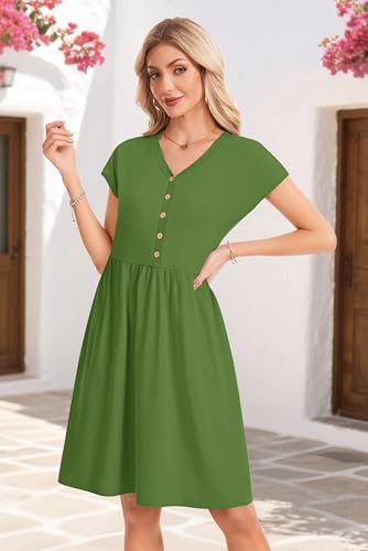 Image of AUSELILY Women's Summer Short Sleeve Knee-Length V Neck Dress with Pockets | V Neck,Cap Sleeve,Loose-Fit,Casual Dresses,2026 New