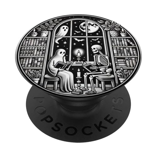 Retro Spooky Bookish Halloween Skeleton Ghost Bookworm Gifts PopSockets Adhesive PopGrip