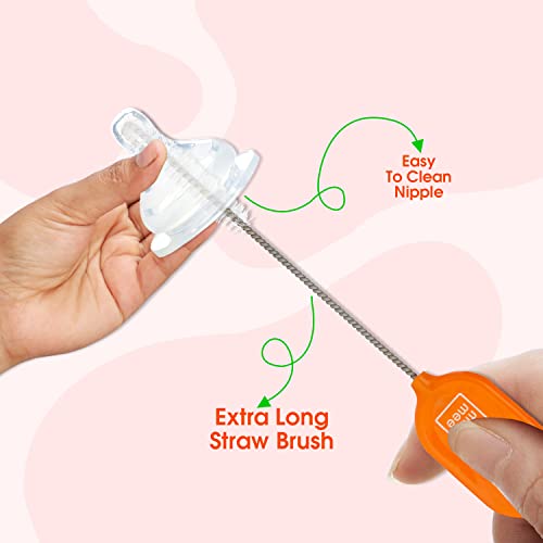 Image of Mee Mee Straw & Teat Cleaning Brush (Green /Orange) (Pack of 2, with Easy Grip)