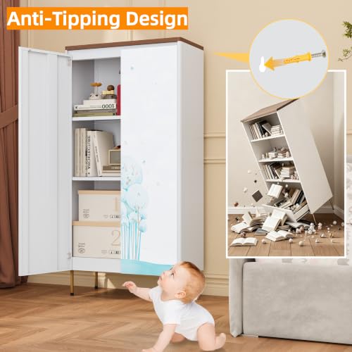 Image of 47 inch Metal Pantry Cabinet,White Kitchen Pantry Cabinets with Doors | Small Freestanding Storage Cabinet with Adjustable Shelves,Modern Cabinet for Living Room, Kitchen,Dining,Tree Pattern
