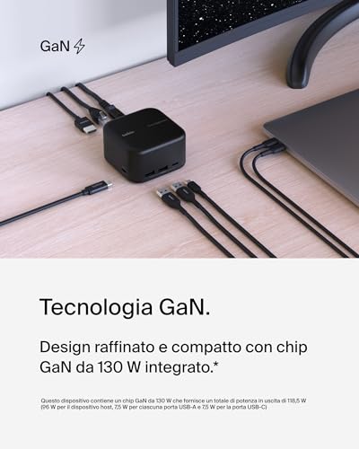 Connect Core Dock 6 in 1 GaN USB-C, 130 W, 96 W di PD per le periferiche e porte USB-C, USB-A, Gigabit Ethernet e HDMI 4K, docking station per console di gioco, MacBook, laptop PC e Chromebook - Hub USB - Immagine 2