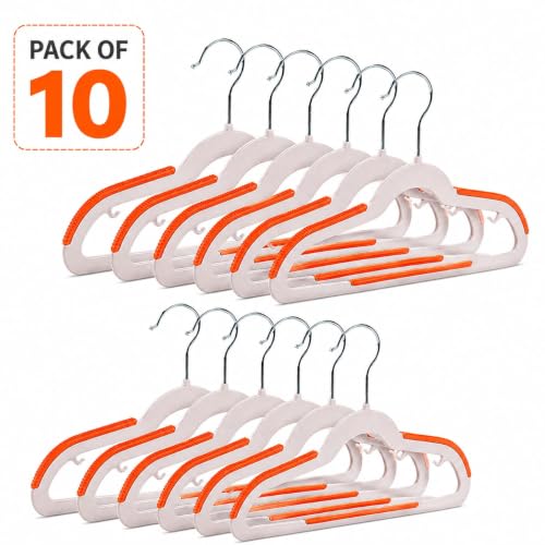 Image of Anti Slip Clothes Hangers - Space Saving Dry & Wet Hangers with Non-Slip Pads - Heavy Duty Coat, Suit, Underwear, Pants, Shirts (Orange, Pack of 10)