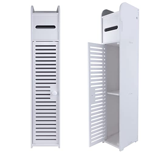 Freistehender Toilettenpapierhalter Schrank, weißes hölzernes Toilettenpapieraufbewahrungsgerät mit Regal, schmales Organizer Regal Papierhalter 81x16x16cm