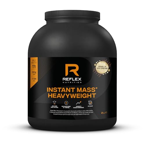 Reflex Nutrition Instant Mass Heavyweight Protein Shake Mix Mass Gainer Over 1000 Kcal per Serving 60 g Protein Creatine High Calorie Post Workout or Before Bed Vanila 2 kg