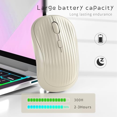 Image of ONE-UP Wireless Mouse, 2.4G + Bluetooth, Rechargeable Battery, 4-Key, DPI: 800 /1200 /1600, Silent, Type-C, USB Nano Receiver, Ergonomic, Portable, for Laptop, Chromebook, PC, Mac, Windows (Beige)