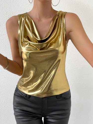 SweatyRocks Women's Casual Cowl Neck Sleeveless Metallic Pullover Solid Blouse Shirt Tank Top3