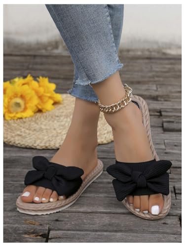 Image of GORGLITTER Women's Bow Flat Sandals Open Toe Slip On Slide Slipper Shoes | Sandals Women Comfortable, Dressy Sandal Women, Y2k Shoes, Dress Slippers for Women, Flats