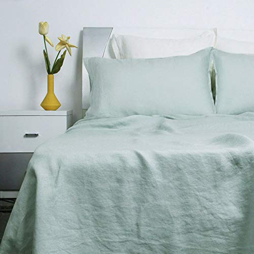 S VICTORY SYMBOL 100% French Natural Linen Bedding Ultra Soft Durable Luxurious Stone Washed 4 Pieces Sheets Set(Water Blue,Queen)