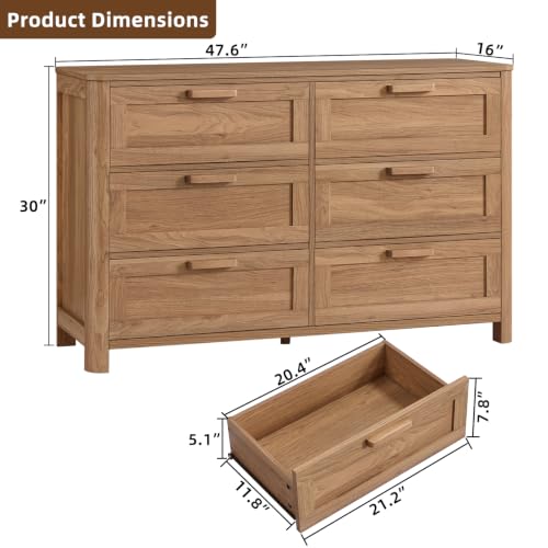 Image of Joaxswe Farmhouse 6 Drawer Dresser for Bedroom, Horizontal Dressers with 6 Deep Drawers & 4 Thickened Table Legs, Brown
