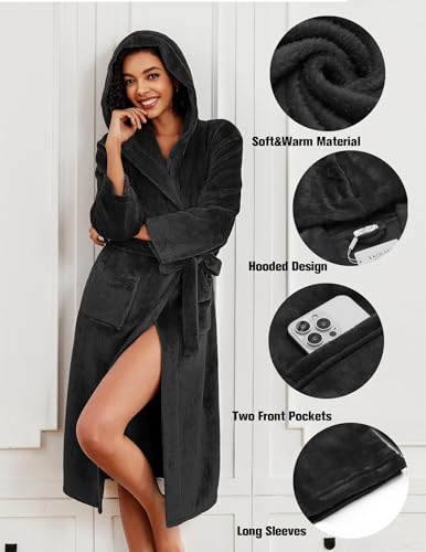 Ekouaer Fleece Robes for Women with Hooded Warm Soft Cozy Long Plush Bathrobe S-XXL - Image 4