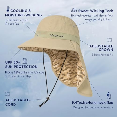 Image of TOP-EX Cooling Sun Hat with Neck Flap - UPF 50+ Wide Brim Breathable Hat for Hiking, Fishing & Big Heads