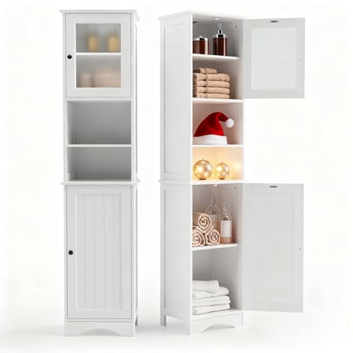 Gizoon 67.1' Tall Bathroom Storage Cabinet with Adjustable Shelves, Narrow Tall Linen Tower with Open Shelves, Two-Way Doors Freestanding Cabinet with Anti-Tip, for Home, Kitchen, Living Room, White