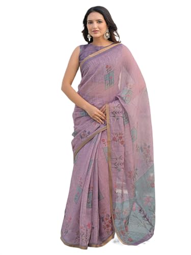 Image of SIRIL Women's Cotton Linen Printed Zari Border Saree with Unstitched Blouse Piece
