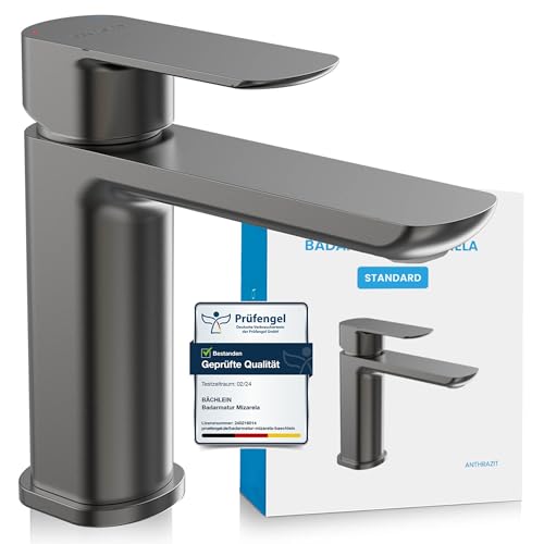 Bächlein Badarmatur Mizarela in klassischem Design, Einhebelmischer mit langlebiger Keramikkartusche und Montage-Set, Bad Wasserhahn Anthrazit - flacher Auslauf