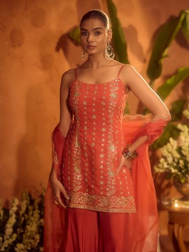Image of FIORRA Women's Orange Viscose Chanderi Embroidered Ethnic Straight Kurta Set with Dupatta