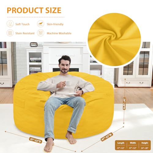 5FT Bean Bag Chair, Large Bean Bag Chairs with Memory Foam Filled, Fluffy Beanbag Sofa with Dutch Velvet Cover, Round BeanBag Chairs for Living Room, Playroom - Lemon