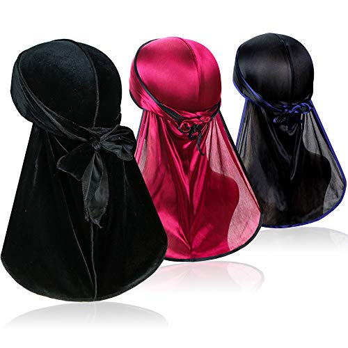 3 Pcs Wave Durags (Velvet Durag and 2 Pcs Soft Durags) – Premium Soft Headwraps with Extra Long Tail Perfect for 360 Waves