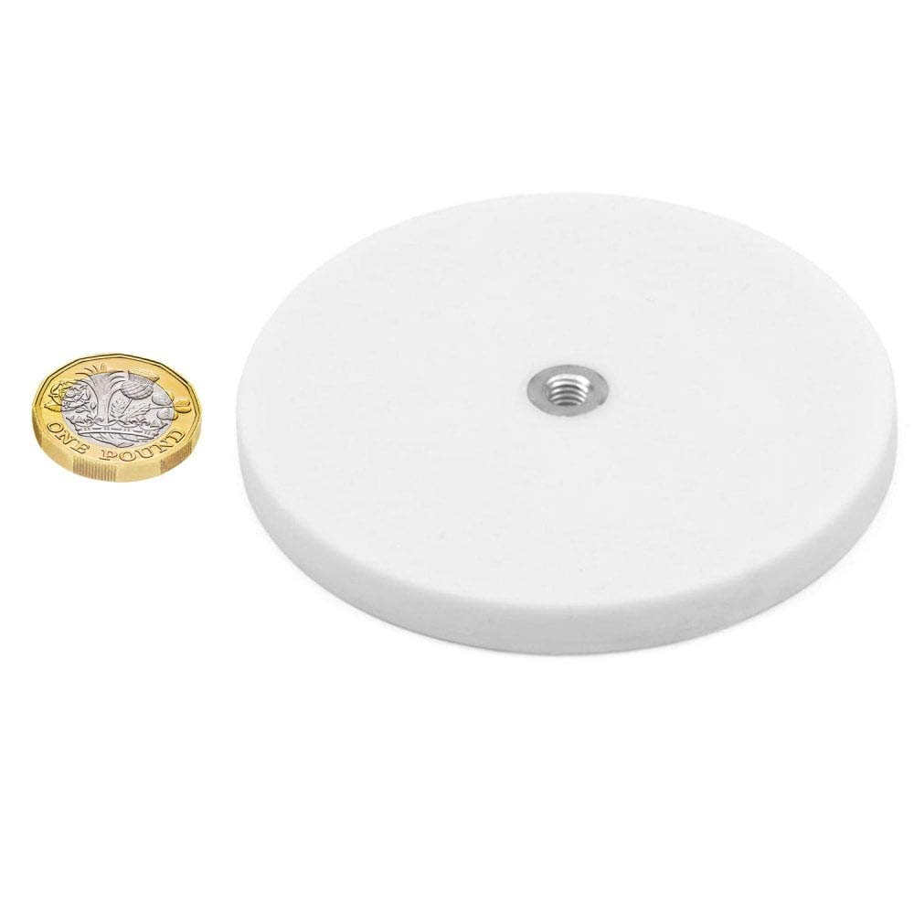 Aimants Pos en Revêtement en Caoutchouc Blanc Coussunk Avec M6 Boss File - Flush x 6mm Deep - 88mm dia x 8mm de Haut - 42kg Pull