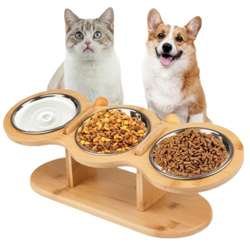 Gykutix Gamelle Chat Surélevée Bol avec 3 Bols en Acier Inoxydable Hauteur Réglable Support Gamelle Chat pour Eau et Nourriture, Petits Chiens
