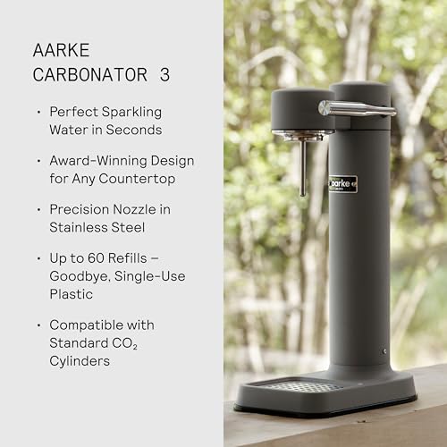 Image of Aarke Carbonator 3 - Sparkling Water Maker & CO2 Cylinder, Matte Grey | CO2 Cylinder Included, Stainless Steel, Cordless Soda Maker for Home, Carbonated Water Machine, BPA-free PET Bottle Included