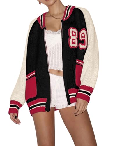 CHARTOU Women Fall Oversized Cardigan Sweater Zip Up Chunky Knit Varsity Bomber Jacket