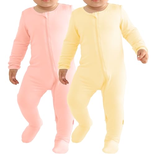 Image of Ekkimy Baby Bamboo Rayon Romper Infant Footies Long Sleeve Double Zipper Outfits 2-Pack One-Piece Jumpsuits