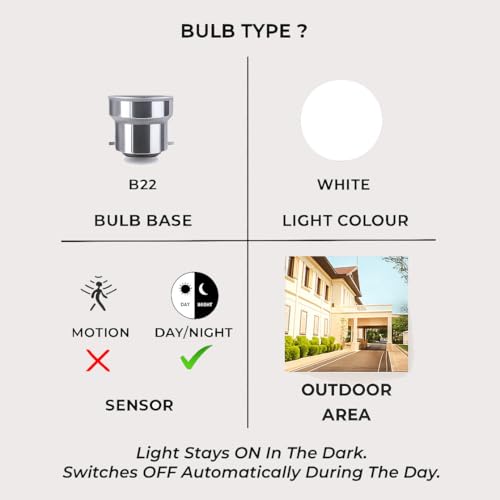 Image of Auto-ON Day /Night Sensor LED Bulb (9W) (Always ON During Night, Auto-Off During Day) (One Year Warranty) (White Pack Of 2, B22)