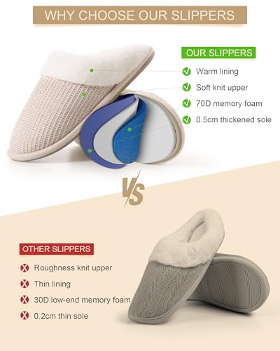 DULCET Slippers for Women,Memory Foam with Fuzzy Collar Indoor House Slippers Bedroom Non-slip Plush Slippers/Beige4