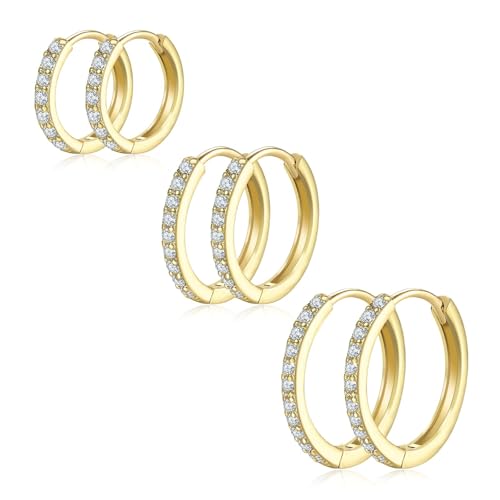 Small Hoop Earrings Cubic Zirconia Huggie Hoop Earrings 3 Pairs 14K Gold Plated Cartilage Piercing Earrings Tiny Trendy Earrings for Women Men Hypoallergenic Multiple Stack Jewelry Gift