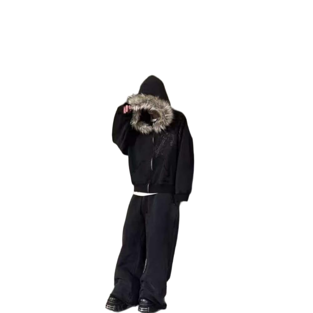 ZBDZSW Street Fashion Inverno personalità Stampa Design Cerniera Felpa con Cappuccio Donna Y2k Harajuku Vintage Collo in Pelliccia Calda Giacca Larga