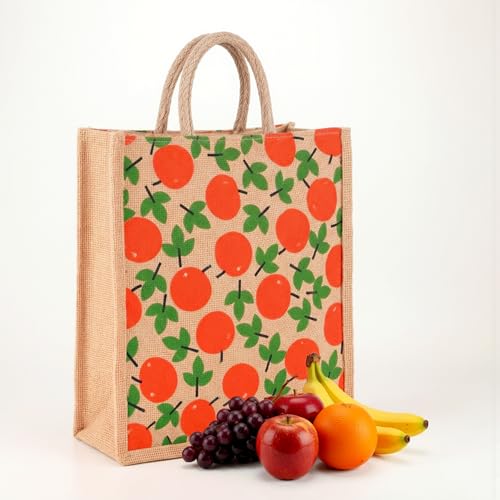 Image of Kuber Industries Jute Shopping Bag for Women with Handle | Multipurpose and Reusable Carry /Shopping Bag for Grocery | Apple Print - Brown & Red