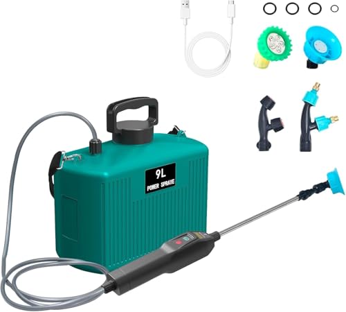 9L Akku Drucksprüher, Stärkerer Elektrischer Pflanzensprüher mit 4 Verstellbaren Düsen,2 Sprühgeschwindigkeiten, USB-aufladbarem Griff und Teleskopstab,Akku 2400 mAh für Gartenspritze, Unkrautspritze