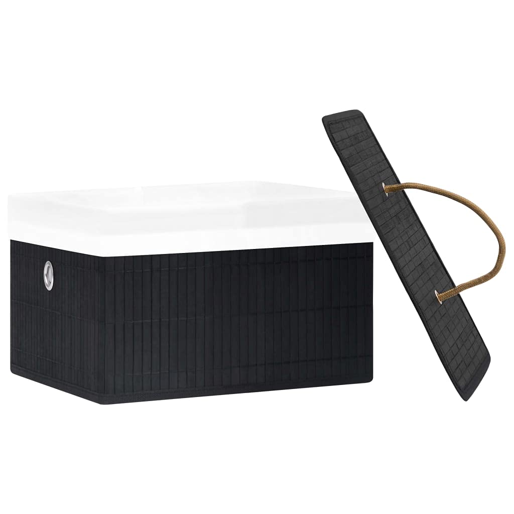 Bambus Aufbewahrungsboxen 4 Stk. Schwarz, faltbare Boxen aus Bambus und gewebtem Stoff mit Öse, ideal für Schals, Socken und Unterwäsche, platzsparend zusammenfaltbar
