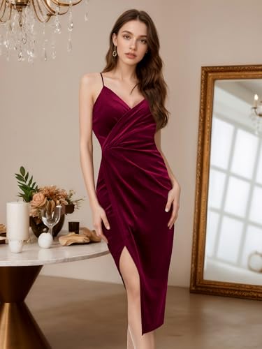 Image of Missufe Women's Sleeveless Spaghetti Strap Wrap V Neck Bodycon Ruched Slit Midi Party Cocktail Velvet Dress