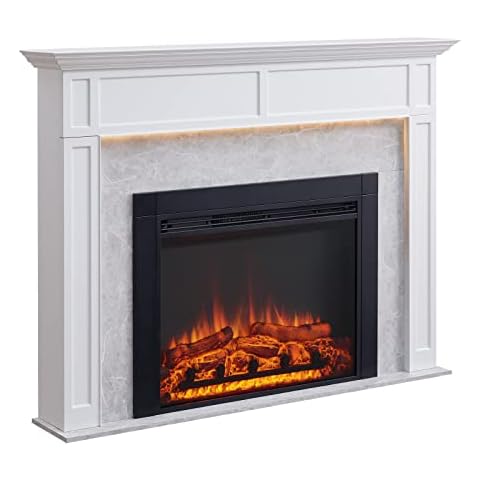 LegendFlame® Ashley Electric Fireplace with 60" Mantel Surround and Jaden 36" Insert, Cream White with Light Grey Marble Finish Cover