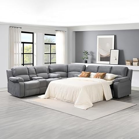 AC Pacific Tracey Collection Contemporary 3-Piece Tufted Living Room Set with Sectional, Queen Sofa Bed, and Reclining Loveseat with Storage Console and Cup Holders, Grey Cover
