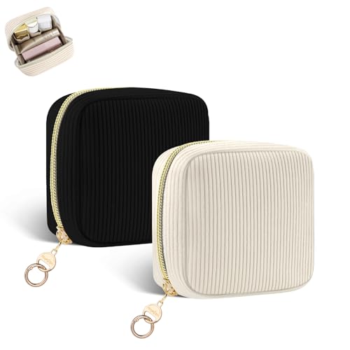 2 Pack Small Makeup Bag for Purse, Corduroy Mini Cosmetic Pouch with Ring Buckle & 4 Inner Pockets, Portable Travel Makeup Pouch for Lipsticks, Coins, Earphone (Black+Beige)