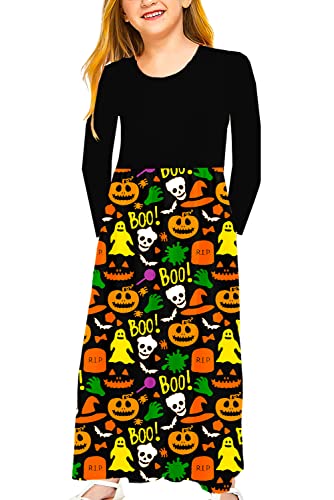 Image of Halloween Girls Pumpkin Boo Dresses Cute Party Long Sleeve Halloween Outfit 13-14 Years