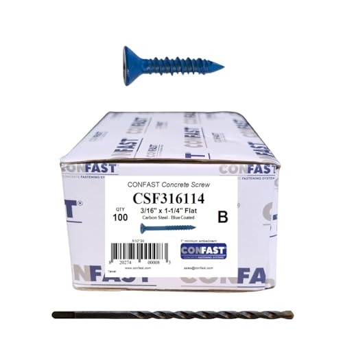 CONFAST 3/16' x 1-1/4' Blue Flat Phillips Concrete Diamond Point Screw Anchor with Drill Bit for Anchoring to Masonry, Block or Brick (100 per Box)