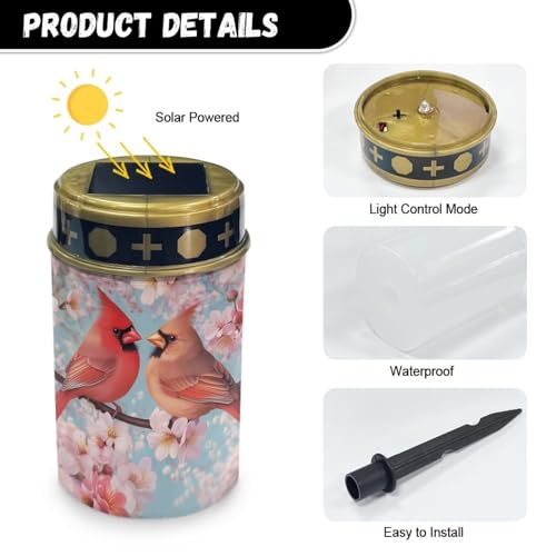 Image of Red Cardinal Bird Solar Grave Lights for Cemetery Flameless Solar Powered Light for Prayer Waterproof Outdoor Christmas Decor Cemetery Solar Lights for Grave Lamp Pink Flral